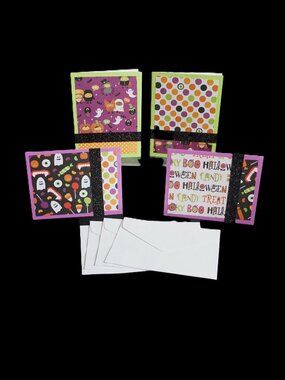 4 Halloween Handmade Note Cards 4x5 Lime & Purple Trick or Treat w/ Glitter Tape